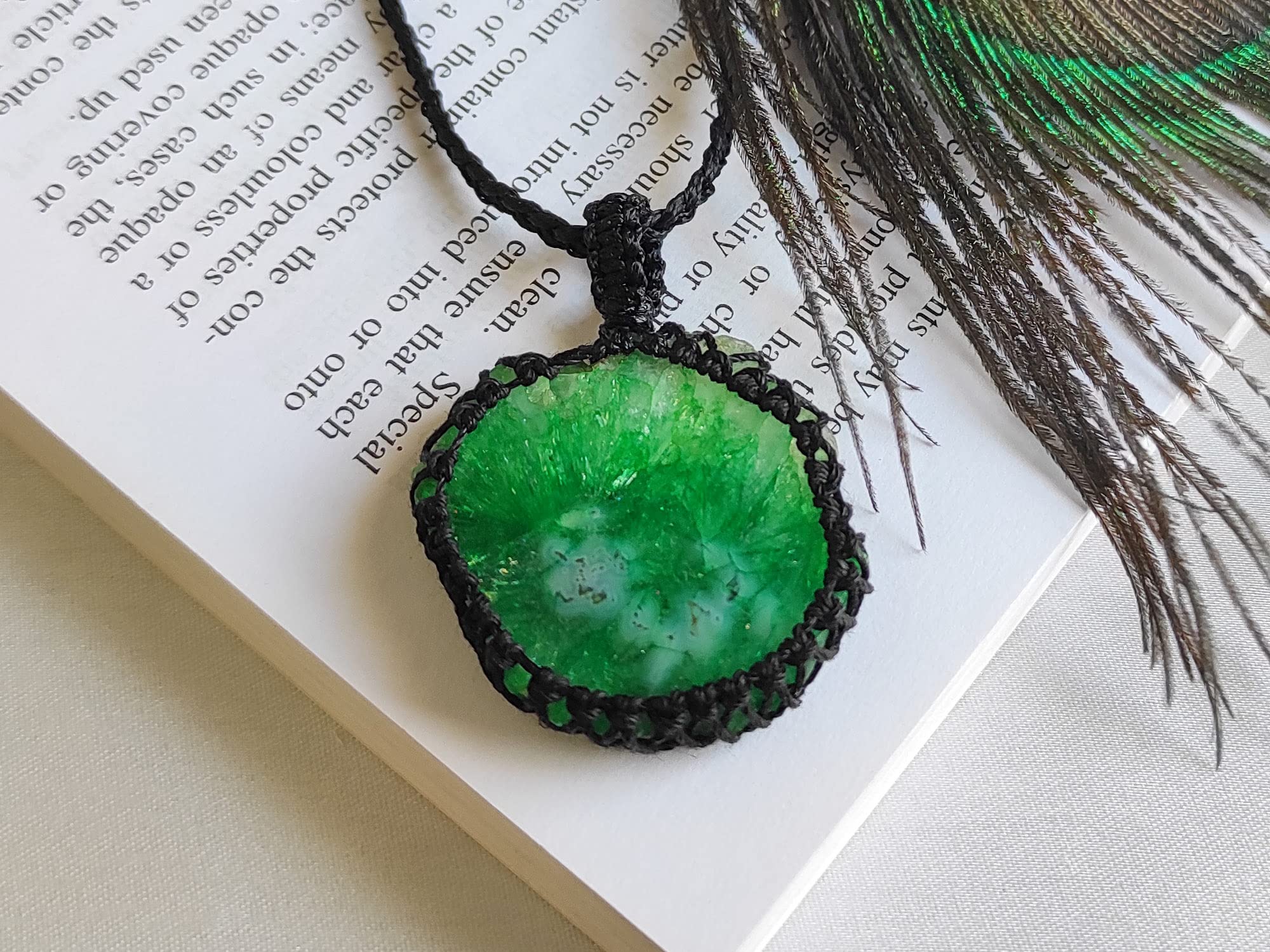 Green Solar Agate Macrame Pendant, Cord Wrapped Macrame Pendant, Gemstone Macrame Jewelry