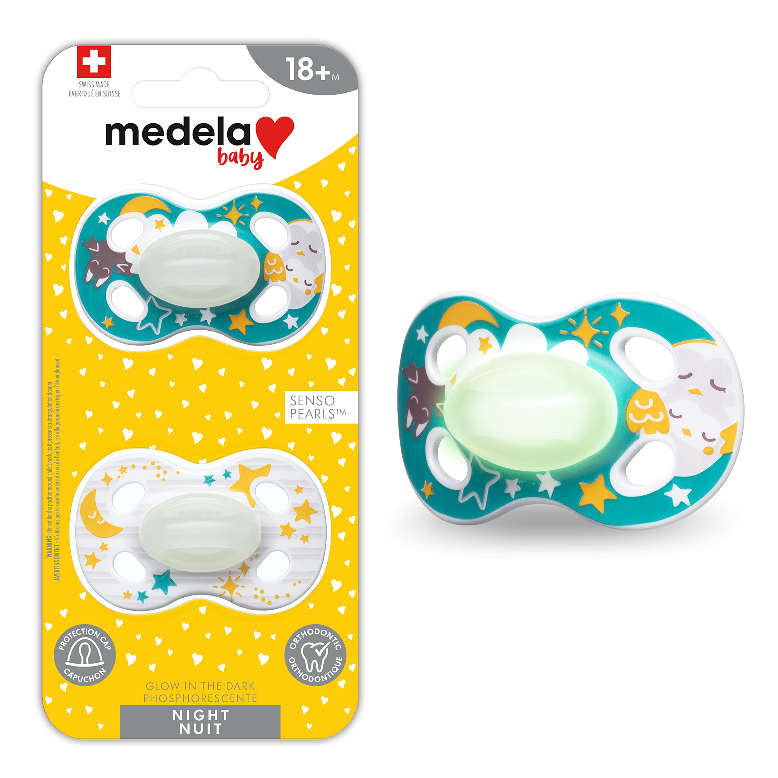 Medela Baby Pacifier | Night - Glow in The Dark | 18+ Months | 2-Pack | Lightweight | BPA-Free | Owls and Moon with Stars