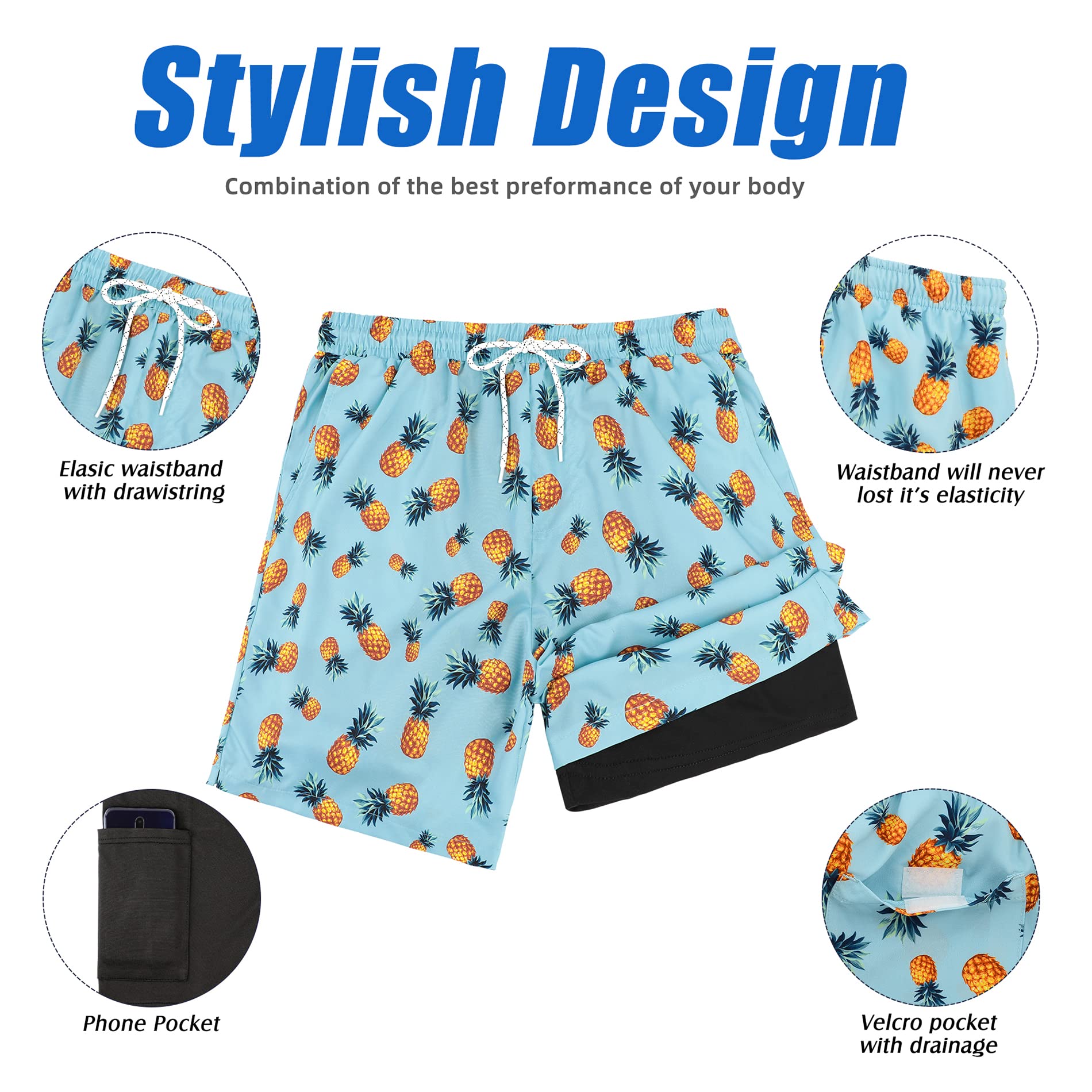 American Trends Men's Swimsuit Swim Trunk Mens 5 Inch Inseam Boardshorts Swimwear Beach Pool Swimming Trunks Blue Pineapple L