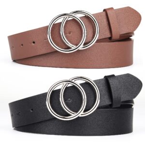 UnFader Pack 2 Women Belts for Jeans with Fashion Sliver Double O-Ring Buckle and Faux Leather