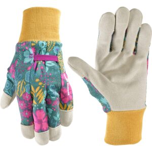 wells lamont women's botanical print leather palm work and gardening gloves, large (4182l)