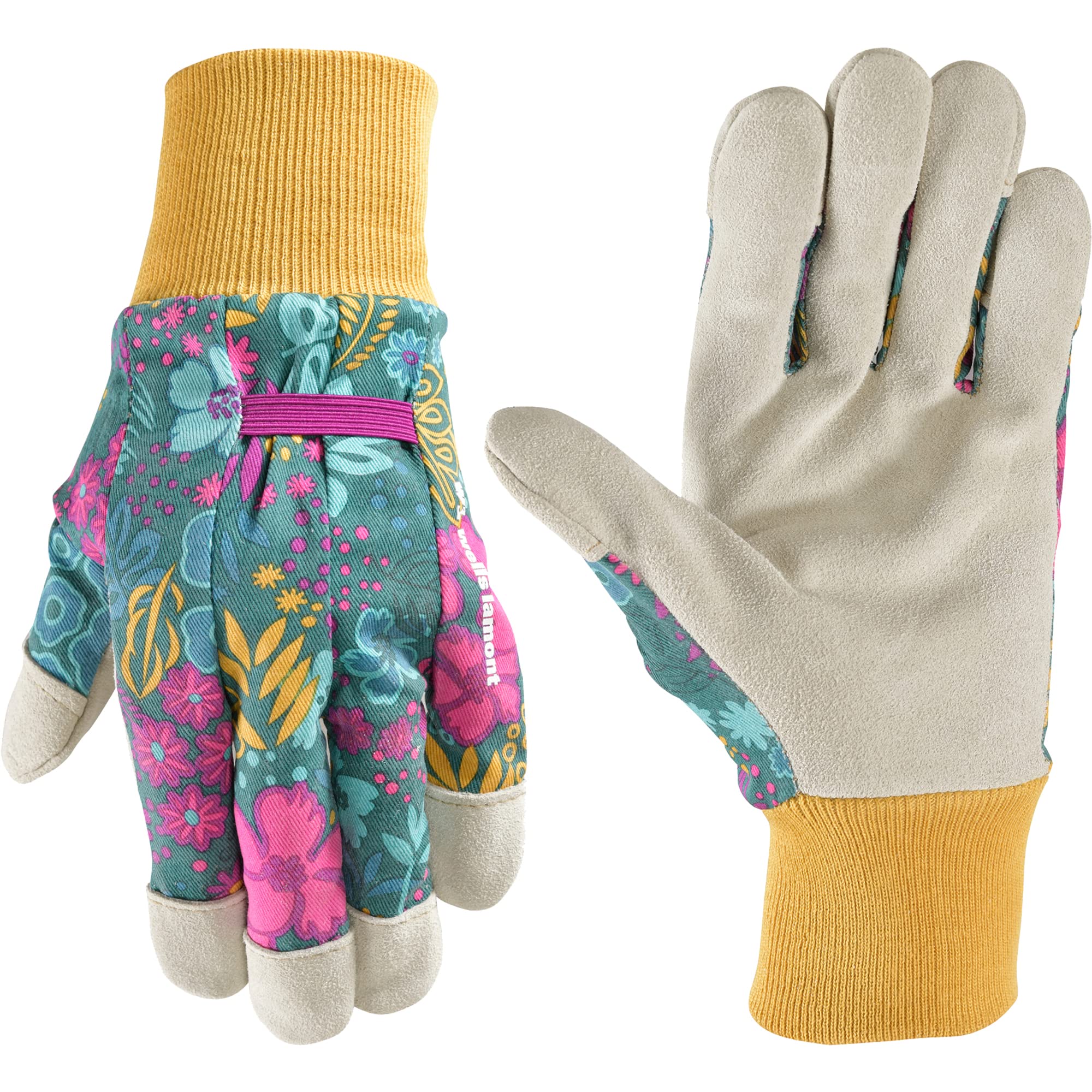 Wells Lamont Women's Botanical Print Leather Palm Work and Gardening Gloves, Large (4182L)