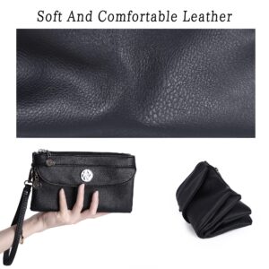 Angel Kiss Women's leather Wristlet Clutch Wallet Double Corner Zip Small Crossbody Bag with Removable Wrist Strap and Adjustable Strap(Black)