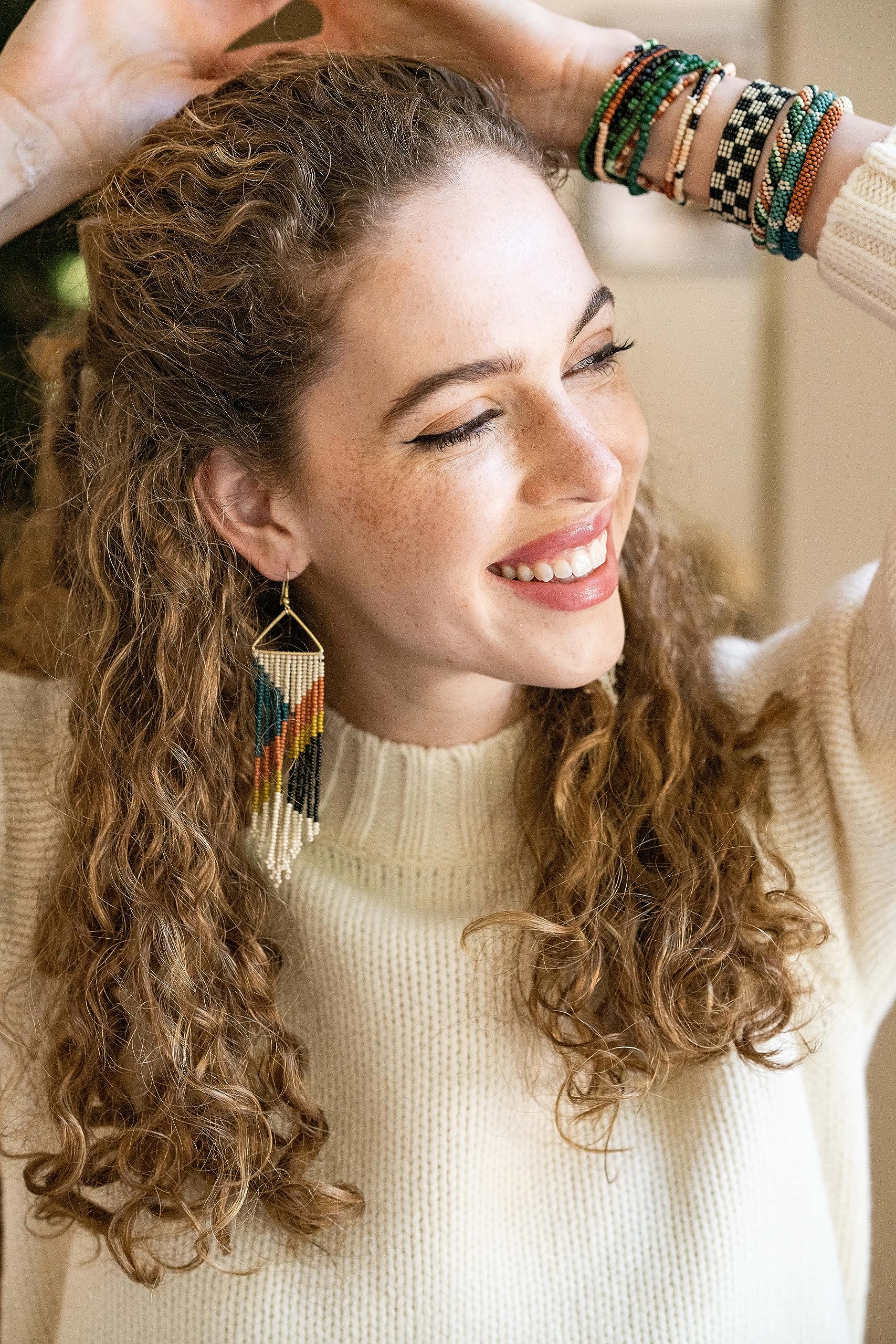 INK+ALLOY Women's Peacock Rust Citron Fringe on Brass Triangle Seed Bead Dangle Earrings Handmade Jewelry for the Modern Bohemian, 4.5-Inches