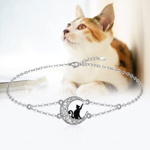 Black Cat Bracelet Sterling Silver Charm Celtic Moon Cat Friendship Matching Bracelets for Women Cute Animal Fun Kitten Halloween Cats Lover Gifts