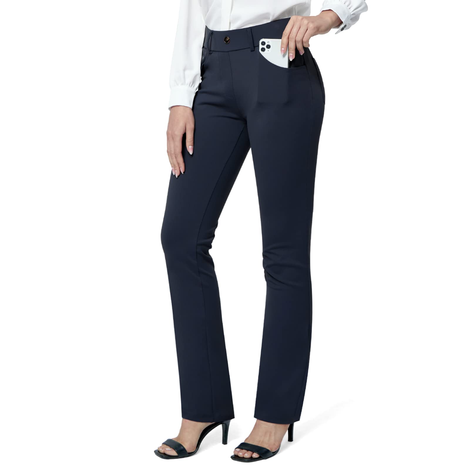 M MOTEEPI Dress Pants for Women 29'' High Waisted Stretch Work Pants Straight Leg Pull on Yoga Dress Pants for Business Casual Pockets Navy Blue X-Large