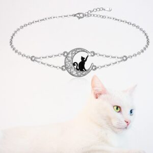 Black Cat Bracelet Sterling Silver Charm Celtic Moon Cat Friendship Matching Bracelets for Women Cute Animal Fun Kitten Halloween Cats Lover Gifts