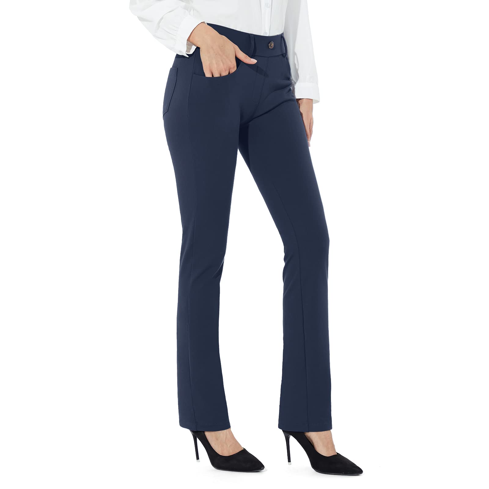 M MOTEEPI Dress Pants for Women 29'' High Waisted Stretch Work Pants Straight Leg Pull on Yoga Dress Pants for Business Casual Pockets Navy Blue X-Large