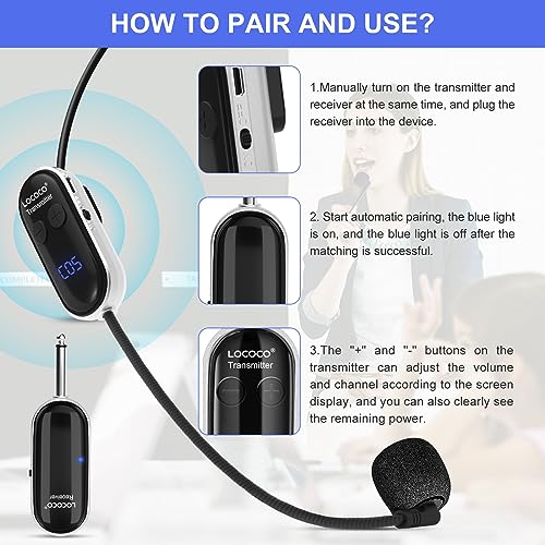 UHF Wireless Headset Microphone System: Mic Headset - LED Digital Display, Head Handheld Mic 2 in 1, Working Time 6H, 165 ft Range Mic for Voice Amplifier, Tour Guide, Teaching, Fitness, PA System