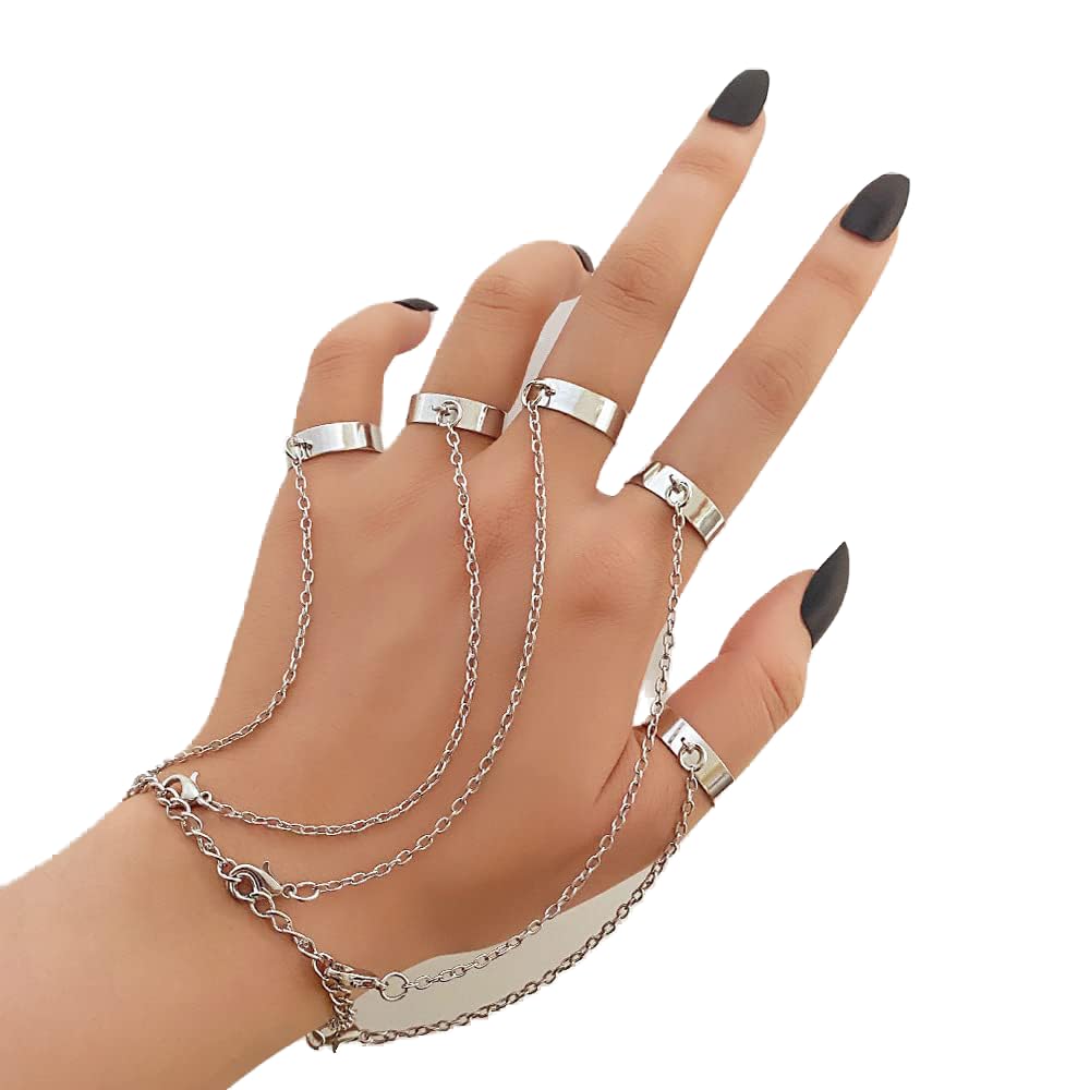 Asphire Punk Finger Ring Chain Bracelet Gothic Slave Bracelet Adjustable Half Open Rings Hand Harness Hip Hop Huggie Hand Jewelry for Women Teens Girls (Punk Link Chain Bracelet)