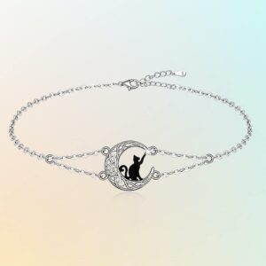 Black Cat Bracelet Sterling Silver Charm Celtic Moon Cat Friendship Matching Bracelets for Women Cute Animal Fun Kitten Halloween Cats Lover Gifts