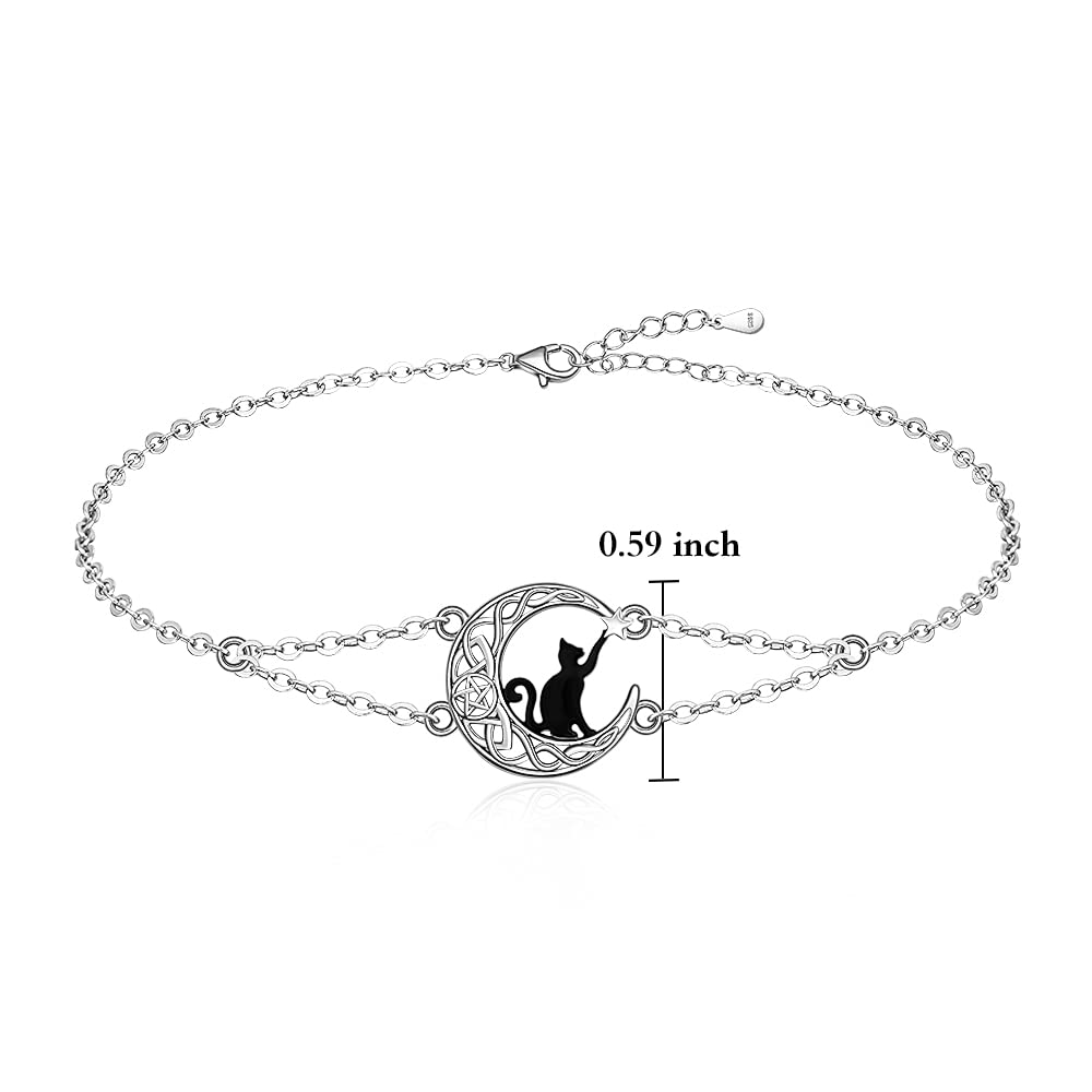 Black Cat Bracelet Sterling Silver Charm Celtic Moon Cat Friendship Matching Bracelets for Women Cute Animal Fun Kitten Halloween Cats Lover Gifts