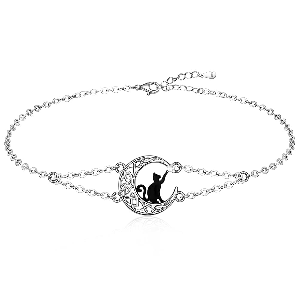 Black Cat Bracelet Sterling Silver Charm Celtic Moon Cat Friendship Matching Bracelets for Women Cute Animal Fun Kitten Halloween Cats Lover Gifts