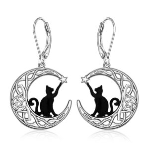 Black Cat Earrings for Women Sterling Silver Leverback Cute Animal Crescent Moon Celtic Knot Dangle Drop Earrings Hypoallergenic Cats Lover Halloween Gifts