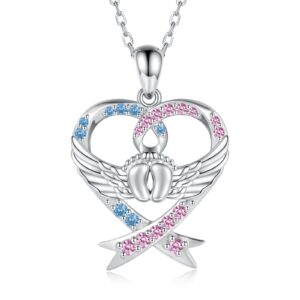 925 Sterling Silver Miscarriage Necklace Heart Pink and Blue Ribbon Bracelet Infant Pregnancy Loss Awareness Memorial Jewelry Sympathy Gift for Women Mom (Heart Miscarriage Necklace)