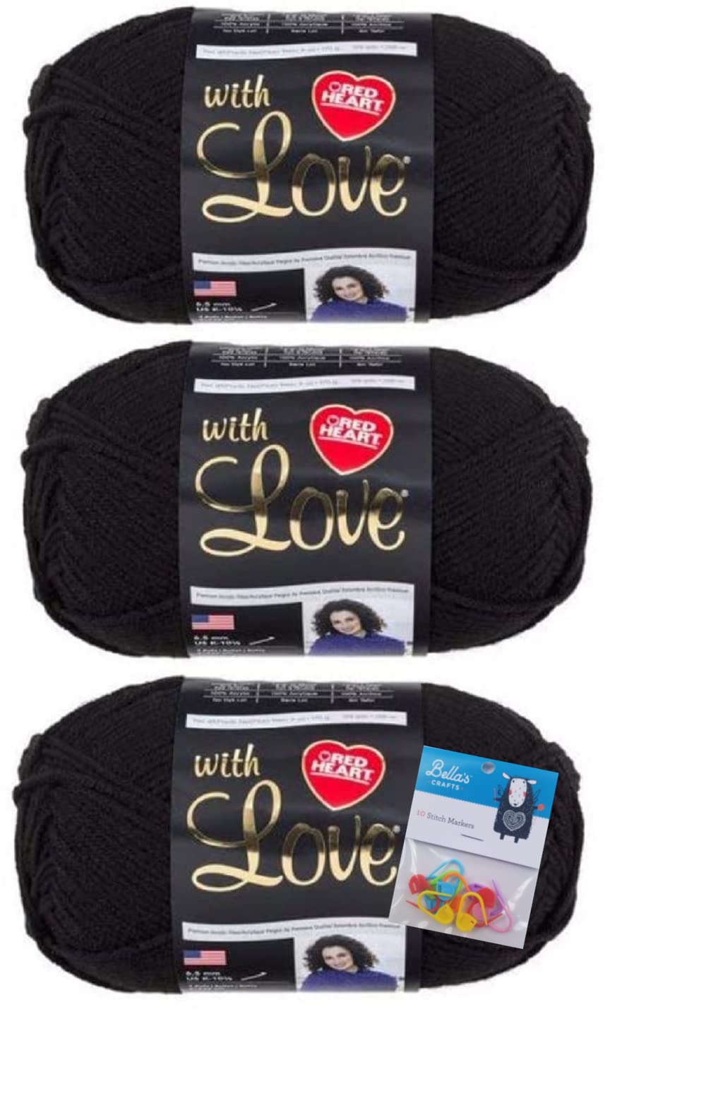 Red Heart Yarn Red Heart with Love Yarn - Black - 6 Oz - Medium 4 Gauge - 3 Pack Bundle with Bella Crafts Stitch Markers