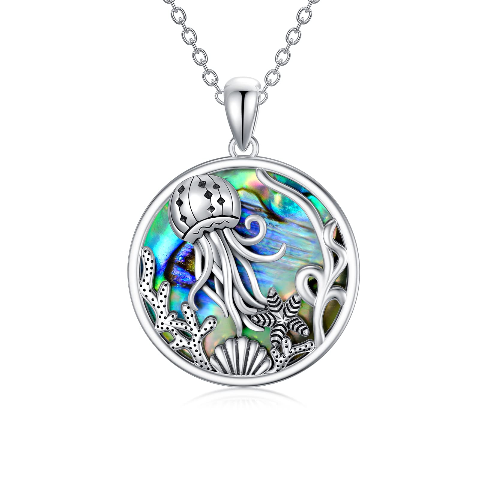 LONAGO Jellyfish Necklace 925 Sterling Silver Pendant Abalone Shell Ocean Animal Jewelry Gift for Women Mom