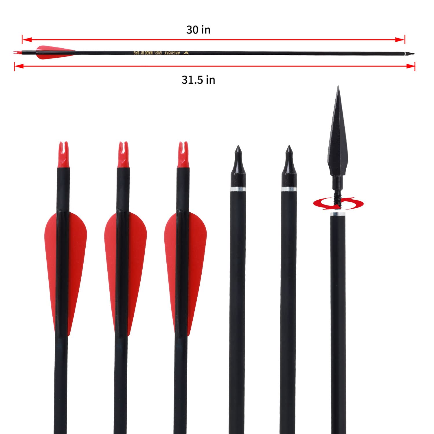 SOPOGER Archery 30inch Carbon Arrows 12 Pack and 6 Pack Hunting Broadhead Set Archery Arrow for Compound Bow & Recurve Bow Spine 500 Hunting Arrow with Removeable Tips Practice Target Shooting (Red)