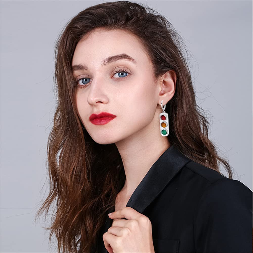 ANXIN Unique Personality Creative Traffic Light Drop Dangle Earrings Simple Fashionable Geometric Color Traffic Light Earrings Jewelry Gifts For Women (RED Creative Traffic Earrings)