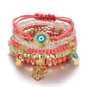 4 Pcs Bohemian Stackable Bracelets Multilayer Evil Eye Hamsa Hand Bracelets Boho Stretch Strand Bracelet Multicolor Crystal Charm Bracelet Lucky Protection Bangles for Women (Black+Red+White+Mixture)