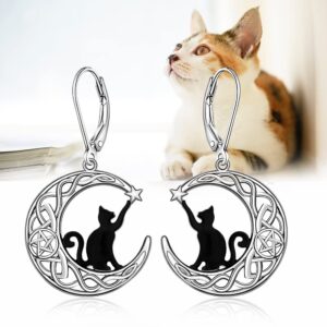 Black Cat Earrings for Women Sterling Silver Leverback Cute Animal Crescent Moon Celtic Knot Dangle Drop Earrings Hypoallergenic Cats Lover Halloween Gifts