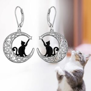 Black Cat Earrings for Women Sterling Silver Leverback Cute Animal Crescent Moon Celtic Knot Dangle Drop Earrings Hypoallergenic Cats Lover Halloween Gifts