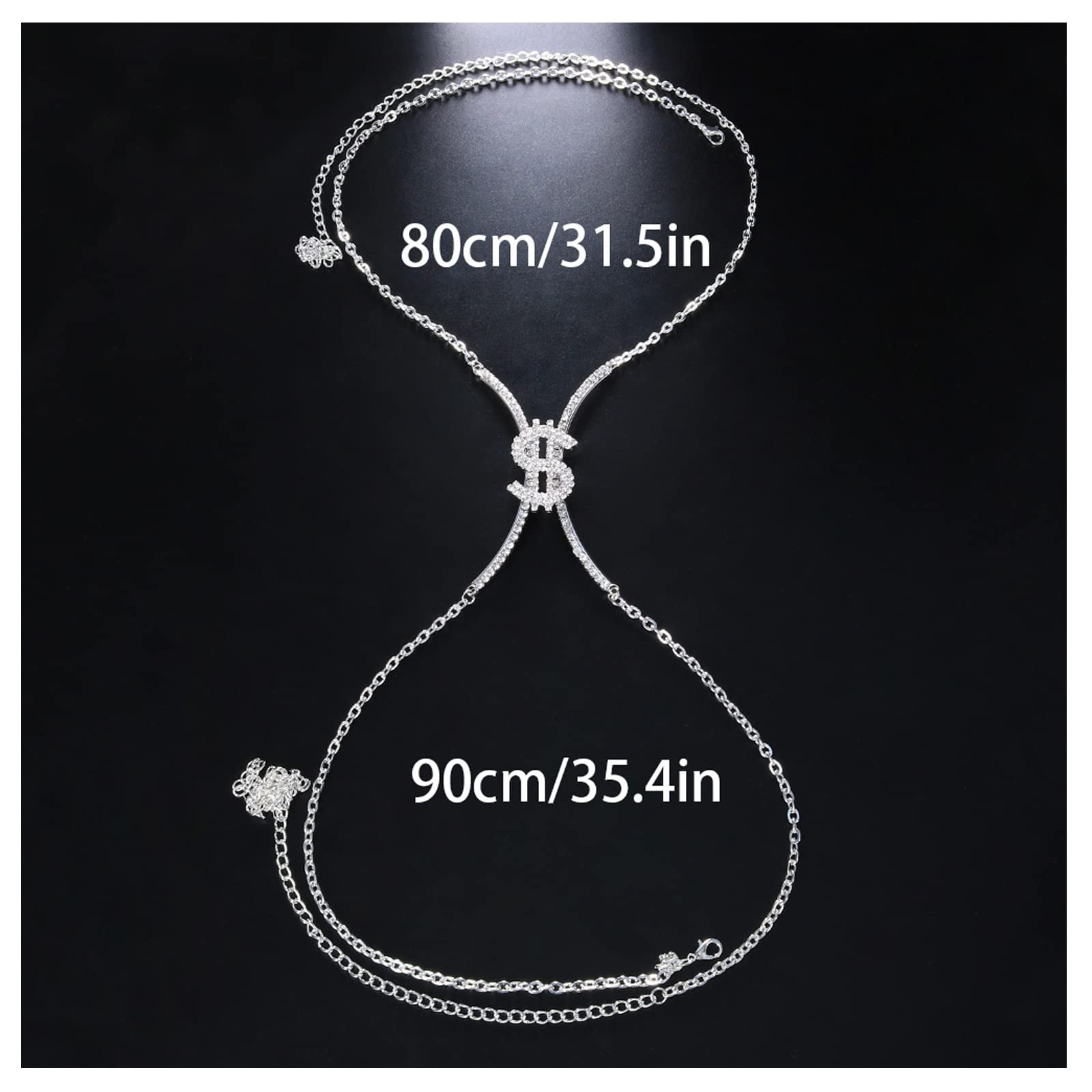 Rhinestone Chest Bracket Chain Crystal Dollar Sign Chest Chain Summer Bra Body Chain Sexy Bikini Waist Body Jewelry for Women (Silver)