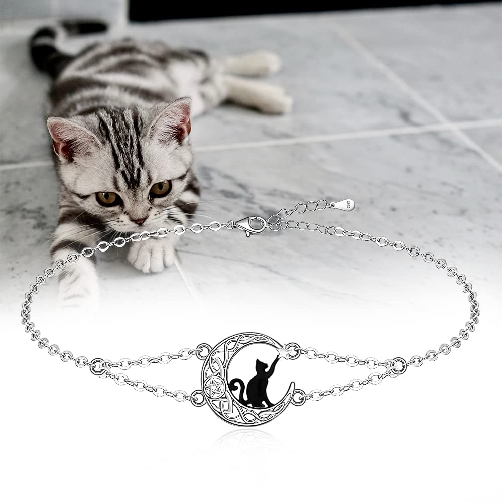 Black Cat Bracelet Sterling Silver Charm Celtic Moon Cat Friendship Matching Bracelets for Women Cute Animal Fun Kitten Halloween Cats Lover Gifts