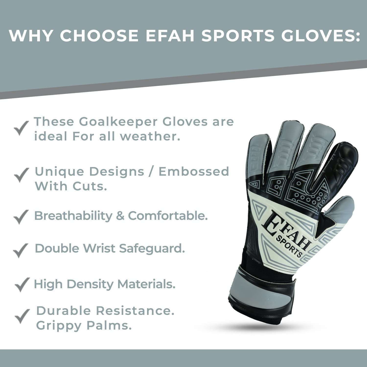 EFAH SPORTS Soccer Goalkeeper Gloves for Kids Boys Children Youth Football Goalie Gloves with Fingersave and Double Wrist Protection Strong Grip Palms (Size 4 suitable for 6 to 9 years old, Grey)