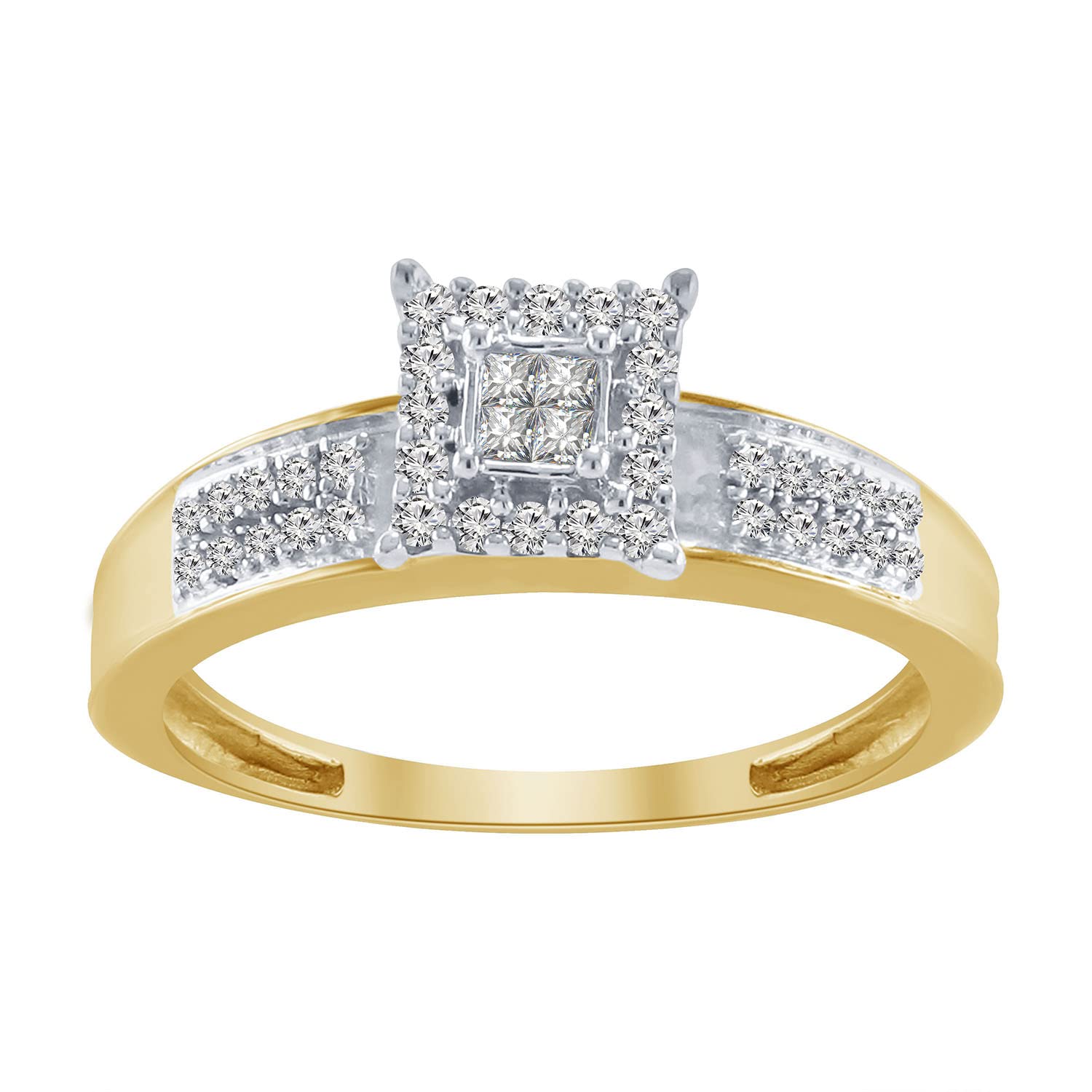 Pretty Jewels 10k Yellow Gold 0.47 Carat (cttw) Princess And Round White Diamond Double Halo Engagement Wedding Trio Ring Set For Him & Her (Color : H-I, Clarity : I1-I2), Wsize-9, Msize-10.5