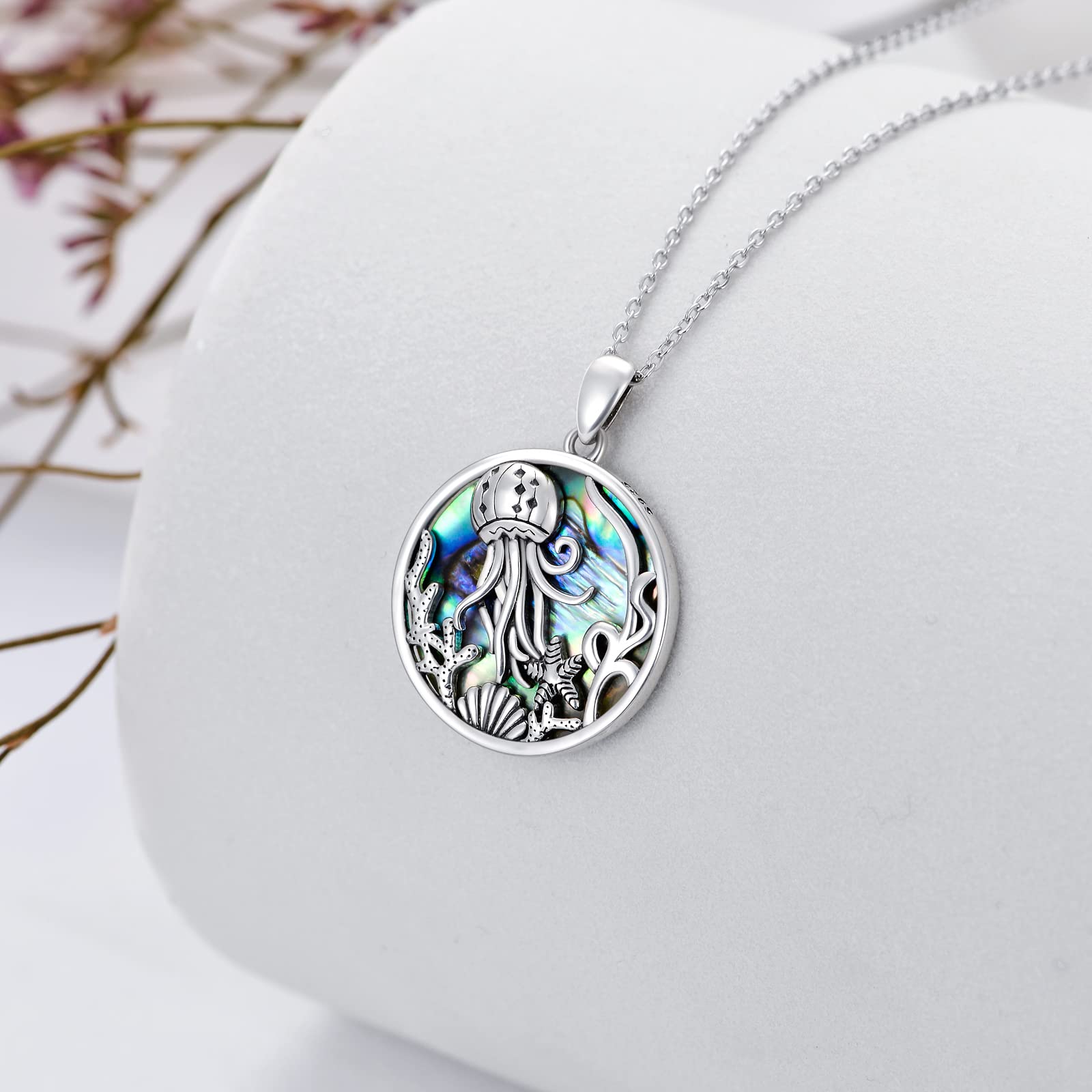 LONAGO Jellyfish Necklace 925 Sterling Silver Pendant Abalone Shell Ocean Animal Jewelry Gift for Women Mom