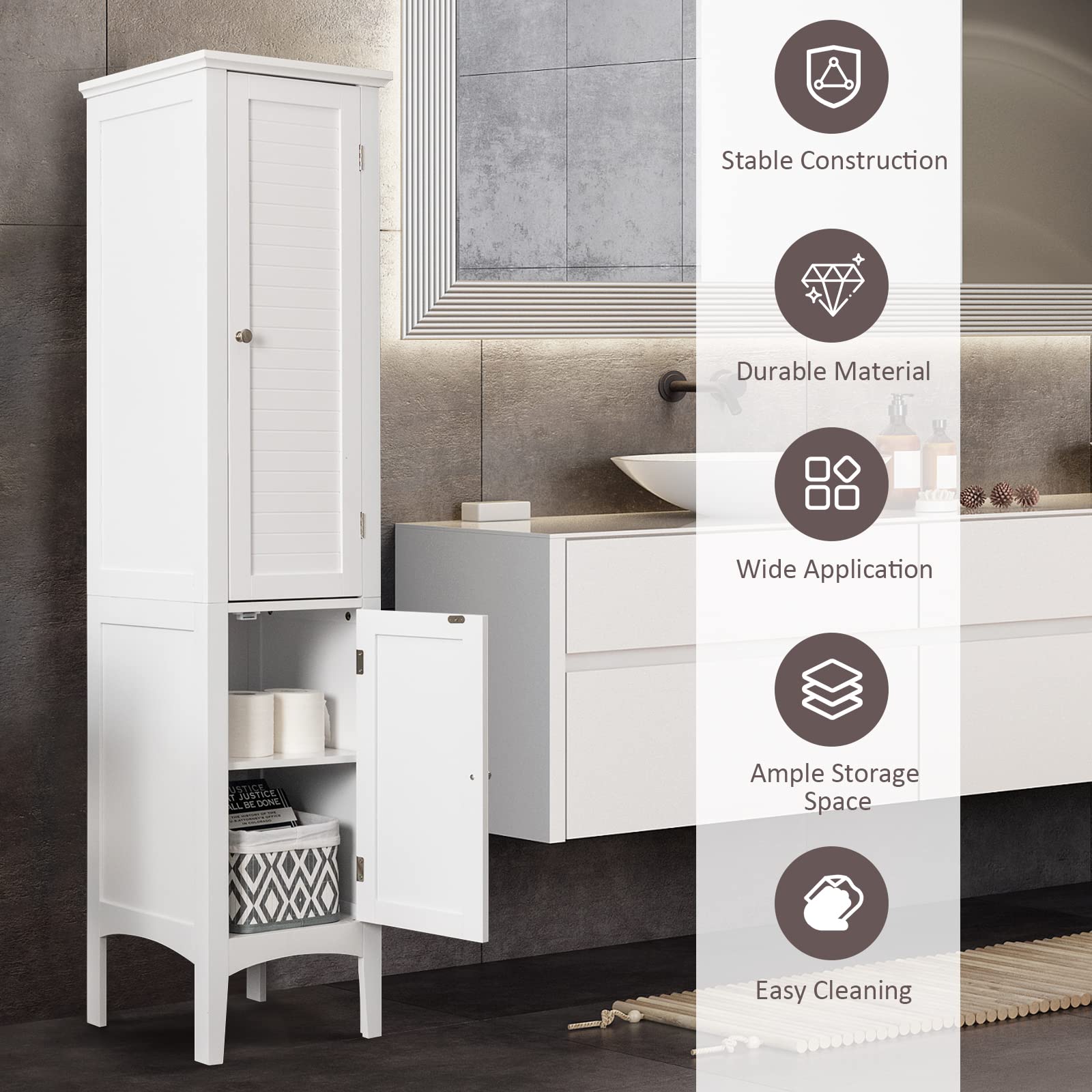 Giantex Storage Cabinet Bathroom High Cabinet with 5 Tier Storage Shelves, Freestanding Slim Cabinet, Tall Organizer for Kitchen, Living Room, Linen Tower Narrow Floor Cabinet (White)