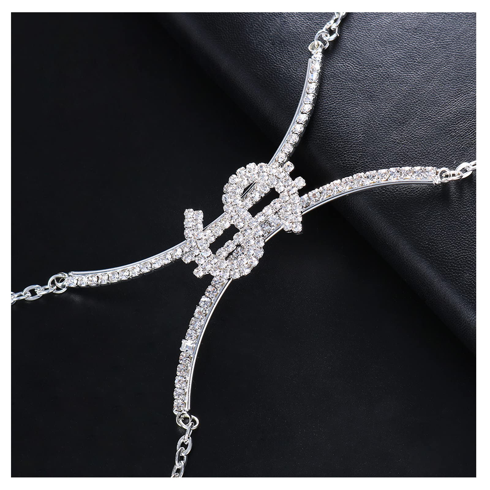 Rhinestone Chest Bracket Chain Crystal Dollar Sign Chest Chain Summer Bra Body Chain Sexy Bikini Waist Body Jewelry for Women (Silver)