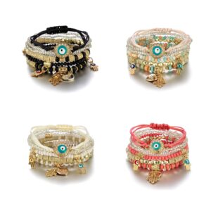 4 pcs bohemian stackable bracelets multilayer evil eye hamsa hand bracelets boho stretch strand bracelet multicolor crystal charm bracelet lucky protection bangles for women (black+red+white+mixture)