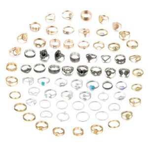 Vintage Silver Gold Knuckle Rings Set for Women, 74 Pcs Bohemian Stackable Joint Finger Rings, Hollow Carved Flowers Retro Stone Crystal Stacking Midi Rings Pack