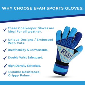 EFAH SPORTS Soccer Goalkeeper Gloves for Kids Boys Children Youth Football Goalie Gloves with Fingersave and Double Wrist Protection Strong Grip Palms (Size 6 suitable for 13 to 15 years old, Blue)