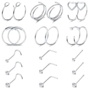 besteel 21pcs 22g nose rings hoops 20g surgical steel nose studs nostril nose piercings jewelry for women men heart double nose ring hoop for single piercing 1.5mm 2mm 2.5mm cz silver