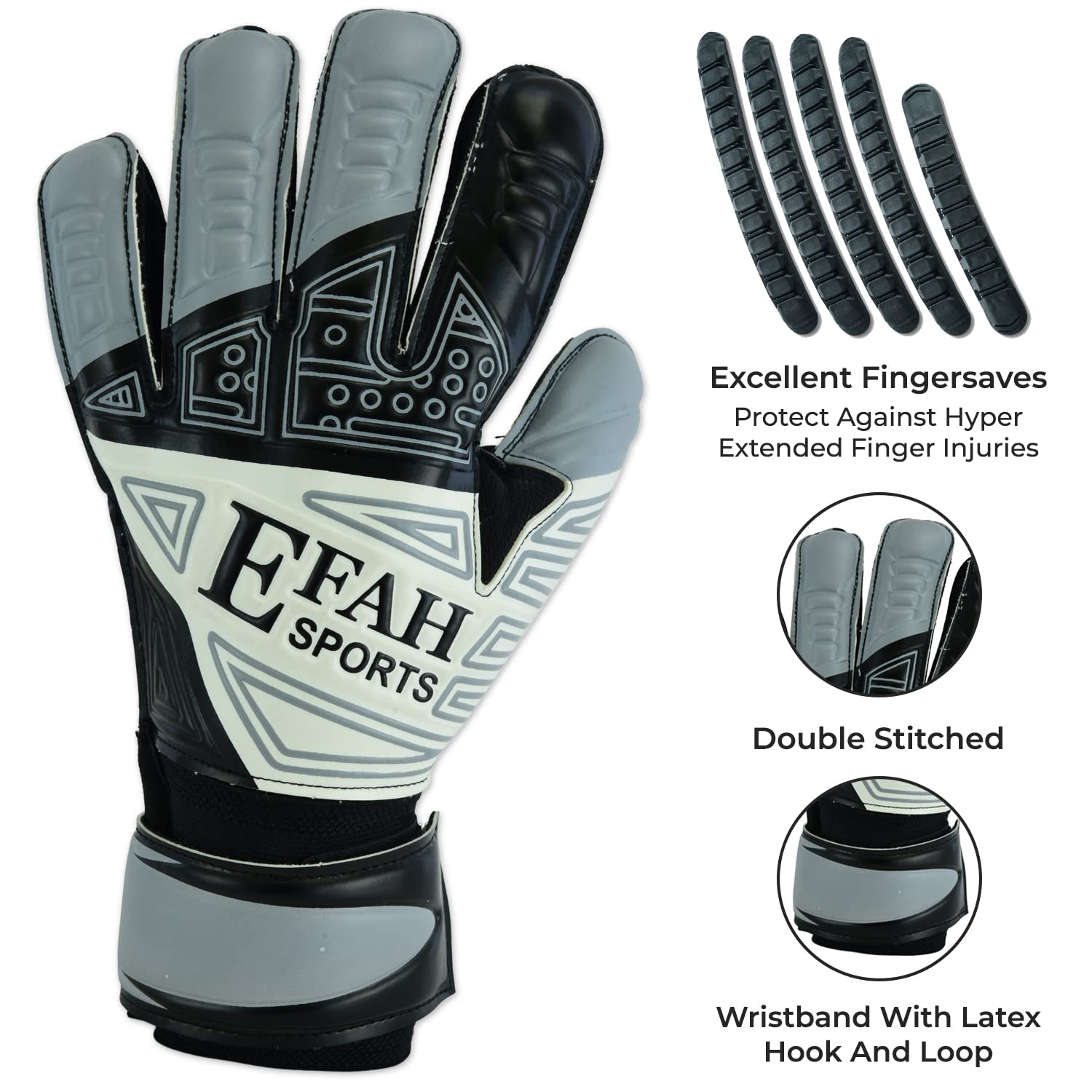 EFAH SPORTS Soccer Goalkeeper Gloves for Kids Boys Children Youth Football Goalie Gloves with Fingersave and Double Wrist Protection Strong Grip Palms (Size 4 suitable for 6 to 9 years old, Grey)