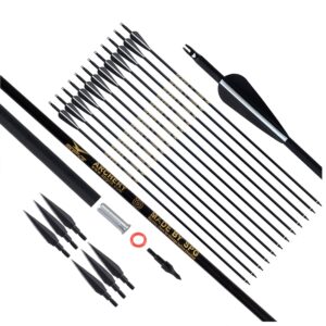 sopoger archery 30inch carbon arrows 12 pack and 6 pack hunting broadhead set archery arrow for compound bow & recurve bow spine 500 hunting arrow with removeable tips practice target shooting (black)