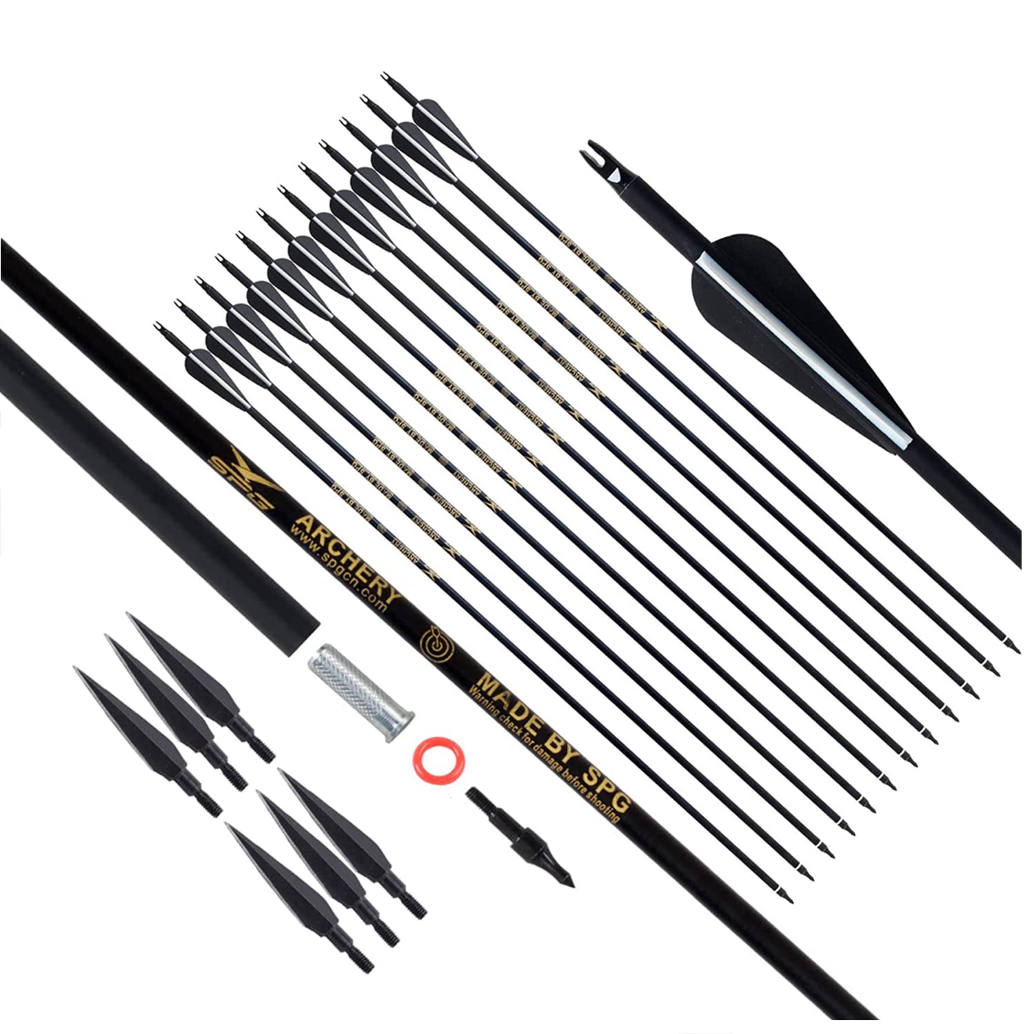 SOPOGER Archery 30inch Carbon Arrows 12 Pack and 6 Pack Hunting Broadhead Set Archery Arrow for Compound Bow & Recurve Bow Spine 500 Hunting Arrow with Removeable Tips Practice Target Shooting (Black)