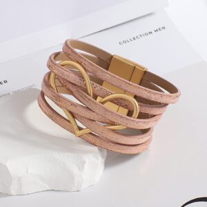 hotoo Pink Leather Wrap Bracelets for Women Boho Bracelet Heart Aesthetic Cuff Friendship Multi-layer Christmas Gifts for Her