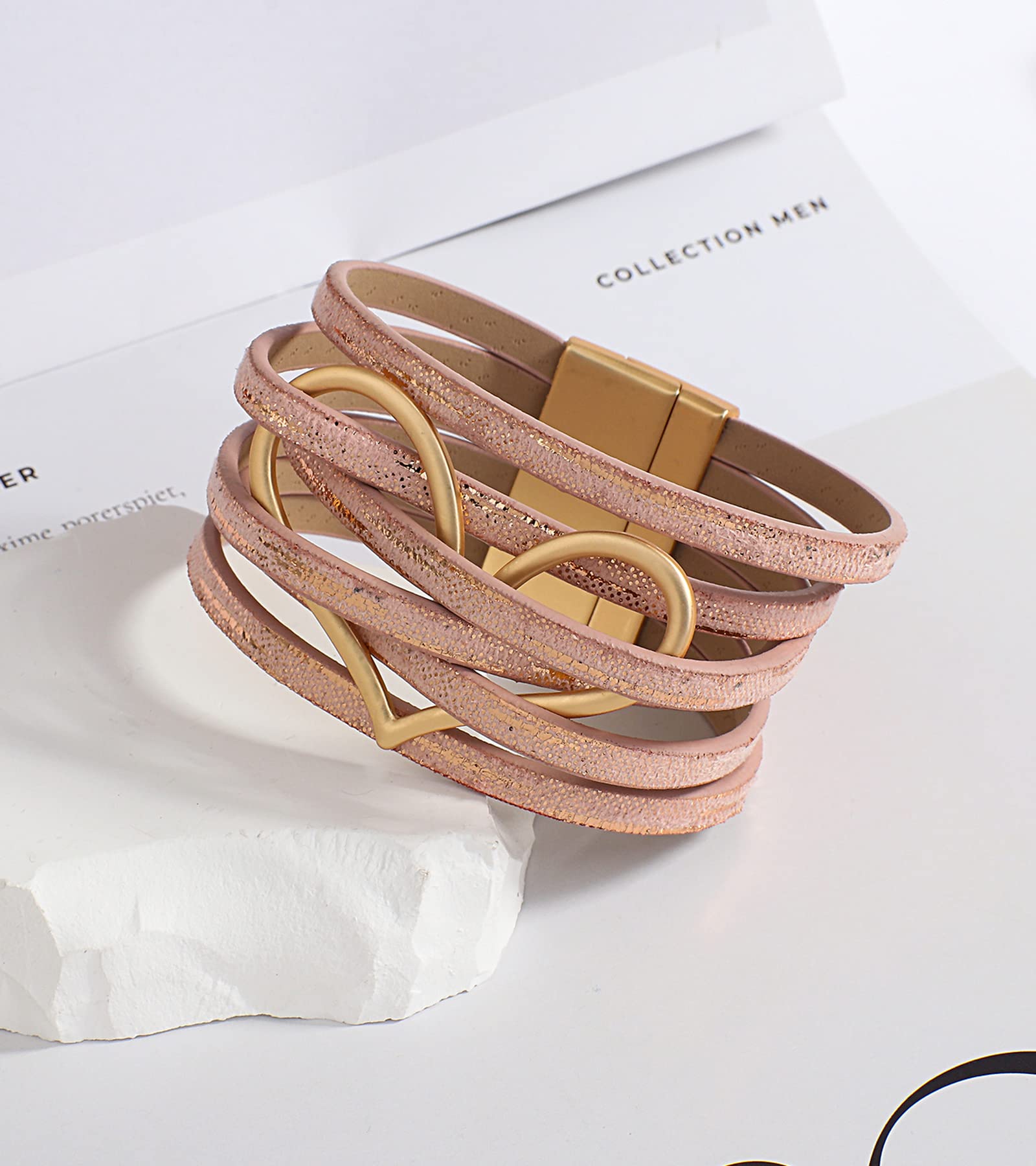 hotoo Pink Leather Wrap Bracelets for Women Boho Bracelet Heart Aesthetic Cuff Friendship Multi-layer Christmas Gifts for Her