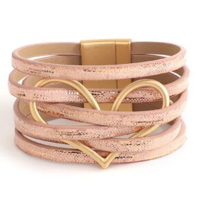 hotoo Pink Leather Wrap Bracelets for Women Boho Bracelet Heart Aesthetic Cuff Friendship Multi-layer Christmas Gifts for Her