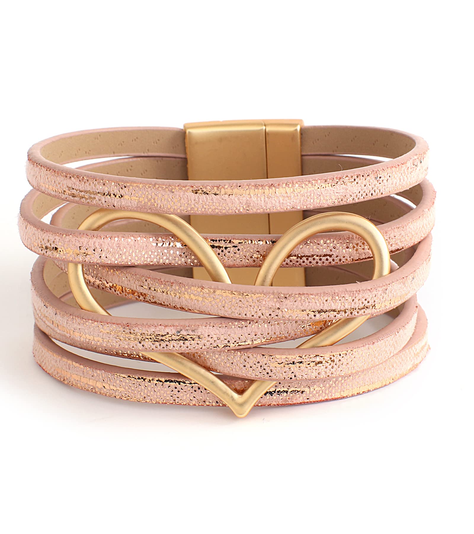 hotoo Pink Leather Wrap Bracelets for Women Boho Bracelet Heart Aesthetic Cuff Friendship Multi-layer Christmas Gifts for Her