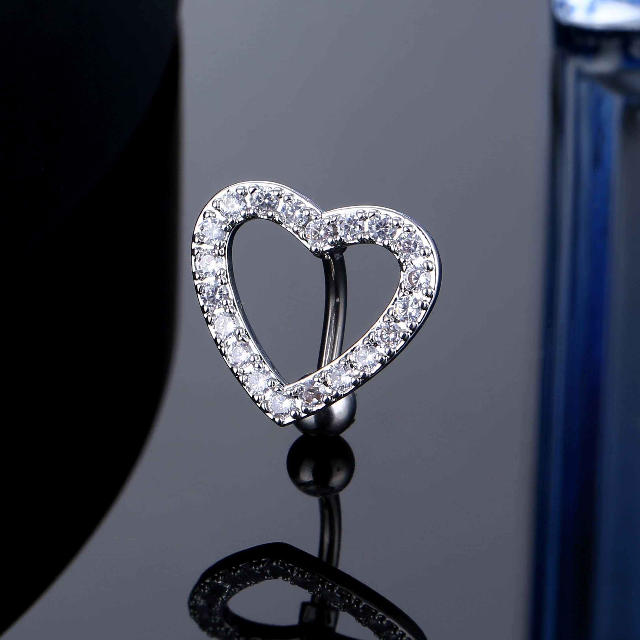 MEQNOIG Cute Silver Heart Belly Button Rings for Women Dazzling Zircon Belly Button Rings Dangle Navel Piercing Jewelry (A Silver)