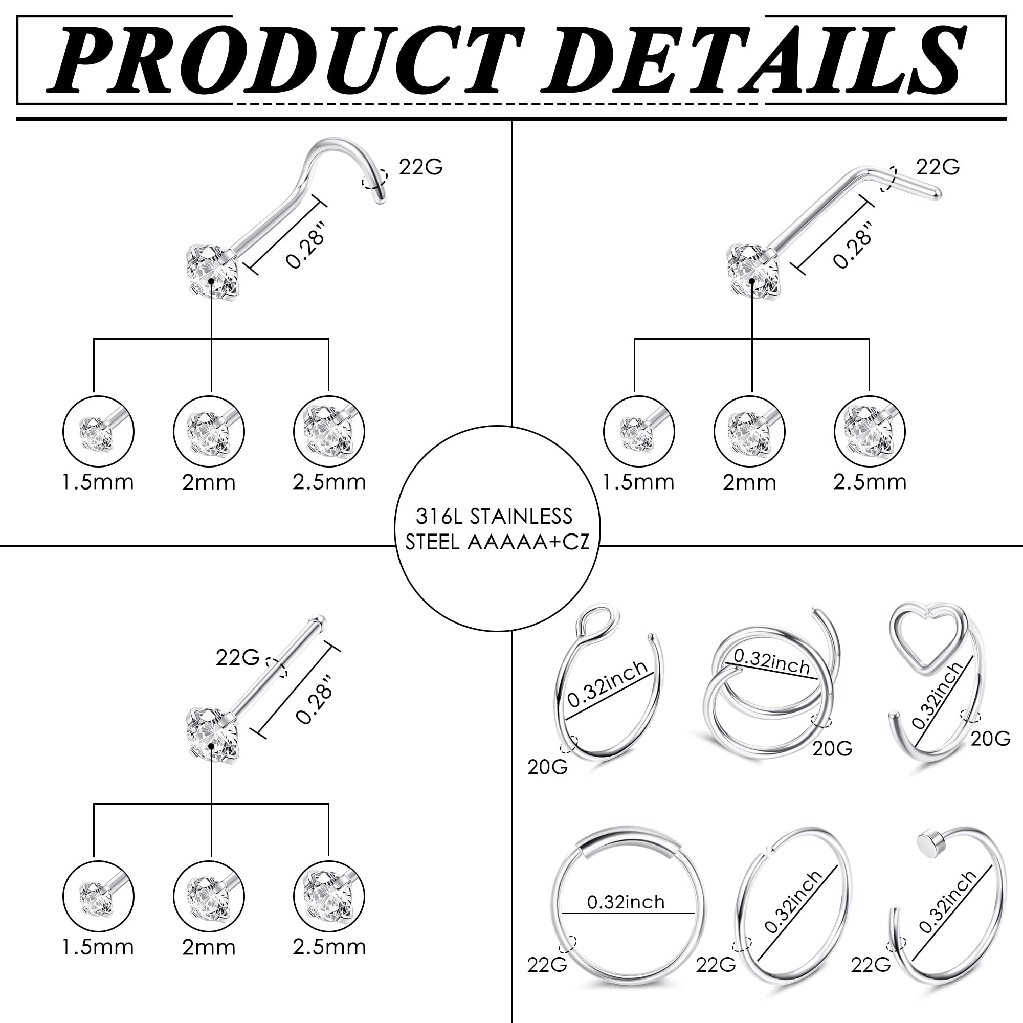 Besteel 21Pcs 22G Nose Rings Hoops 20G Surgical Steel Nose Studs Nostril Nose Piercings Jewelry for Women Men Heart Double Nose Ring Hoop for Single Piercing 1.5mm 2mm 2.5mm CZ silver