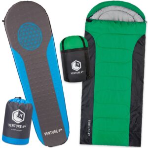 venture 4th backpacking warm sleeping bag with self inflating sleeping pad for adults & kids – ideal for hiking, camping & outdoor adventures