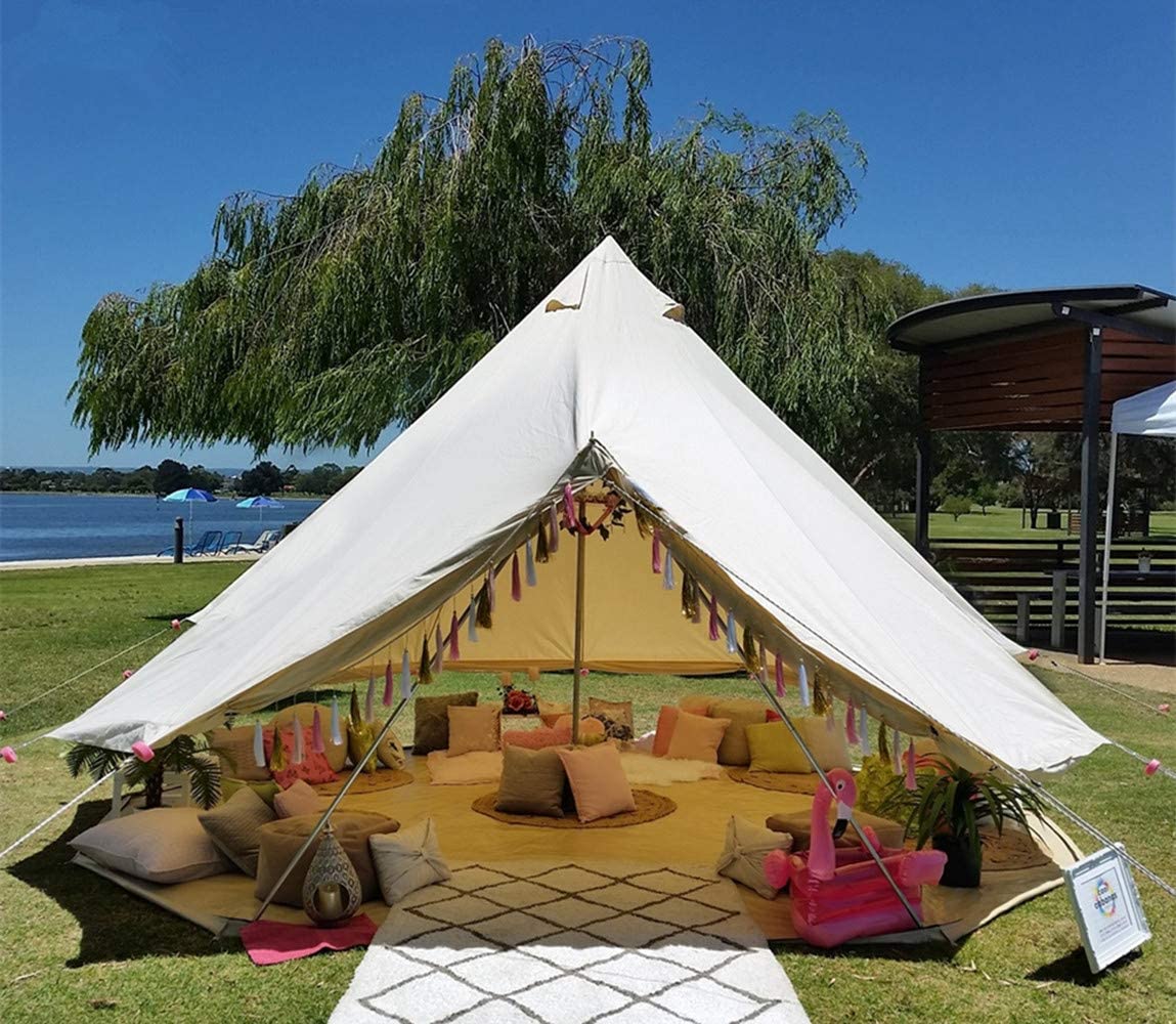 BOOMLATU 4 Season Waterproof Large Family Camping Cotton Canvas Bell Tent Beige Glamping Tent with Roof Stove Jack Hole and Electric Cable Hole (Diameter: 5M-16.4ft)