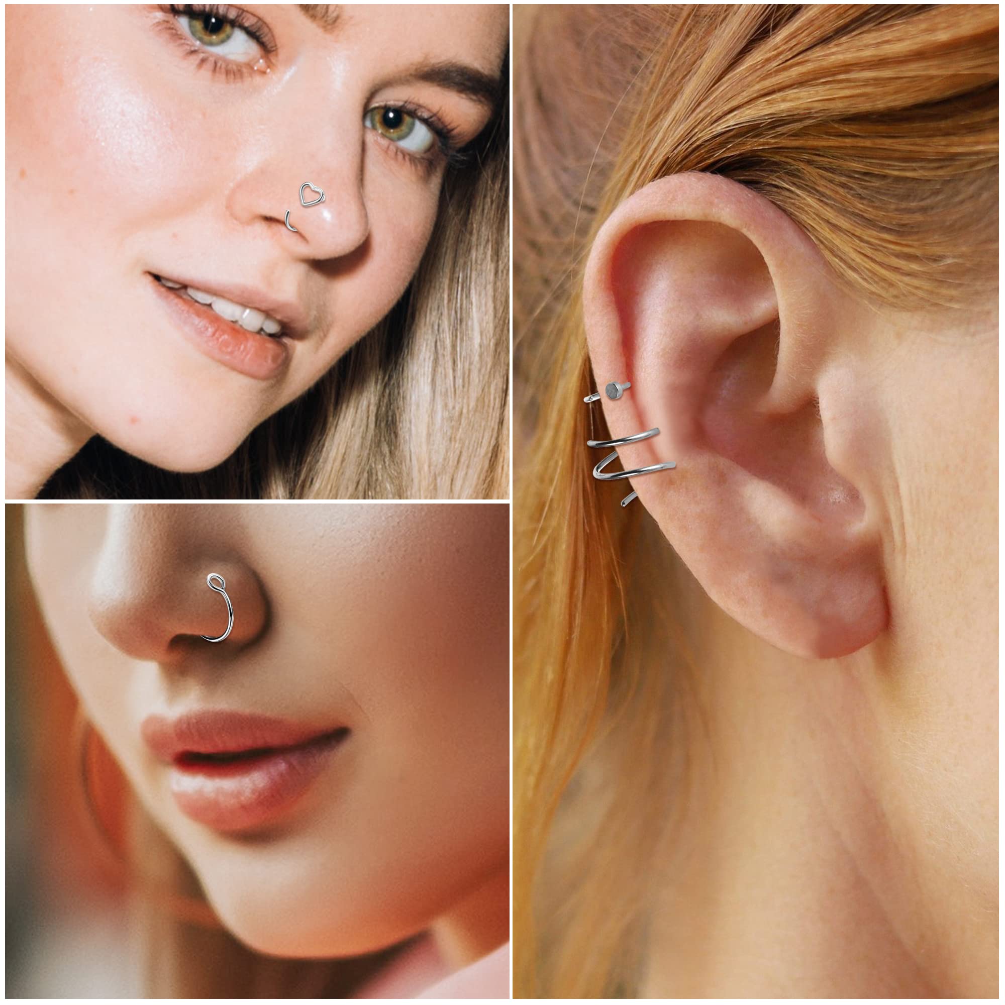 Besteel 21Pcs 22G Nose Rings Hoops 20G Surgical Steel Nose Studs Nostril Nose Piercings Jewelry for Women Men Heart Double Nose Ring Hoop for Single Piercing 1.5mm 2mm 2.5mm CZ silver