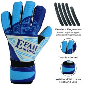 EFAH SPORTS Soccer Goalkeeper Gloves for Kids Boys Children Youth Football Goalie Gloves with Fingersave and Double Wrist Protection Strong Grip Palms (Size 6 suitable for 13 to 15 years old, Blue)